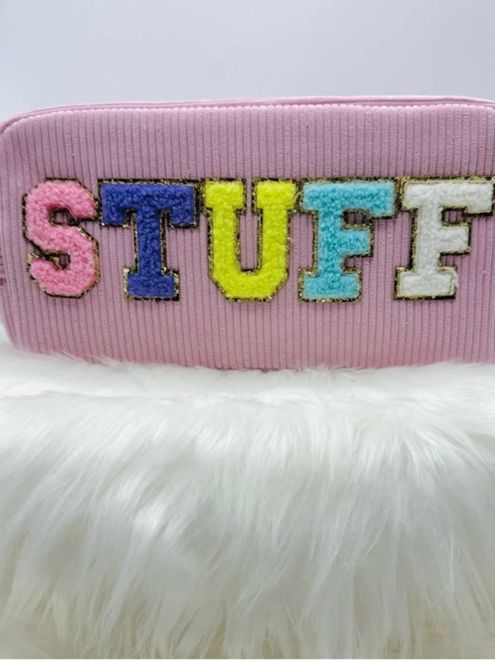 Pink 'STUFF' Corduroy Cosmetic or Pencil Pouch - Multicolor Letter Applique